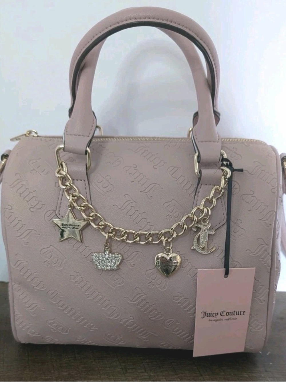 Juicy Couture Blush Pink Embossed Satchel with Gold Charm Chain